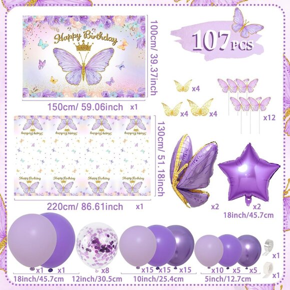 Purple Butterfly Birthday Decoration set for Girl's Birthday - Picture 2 of 7